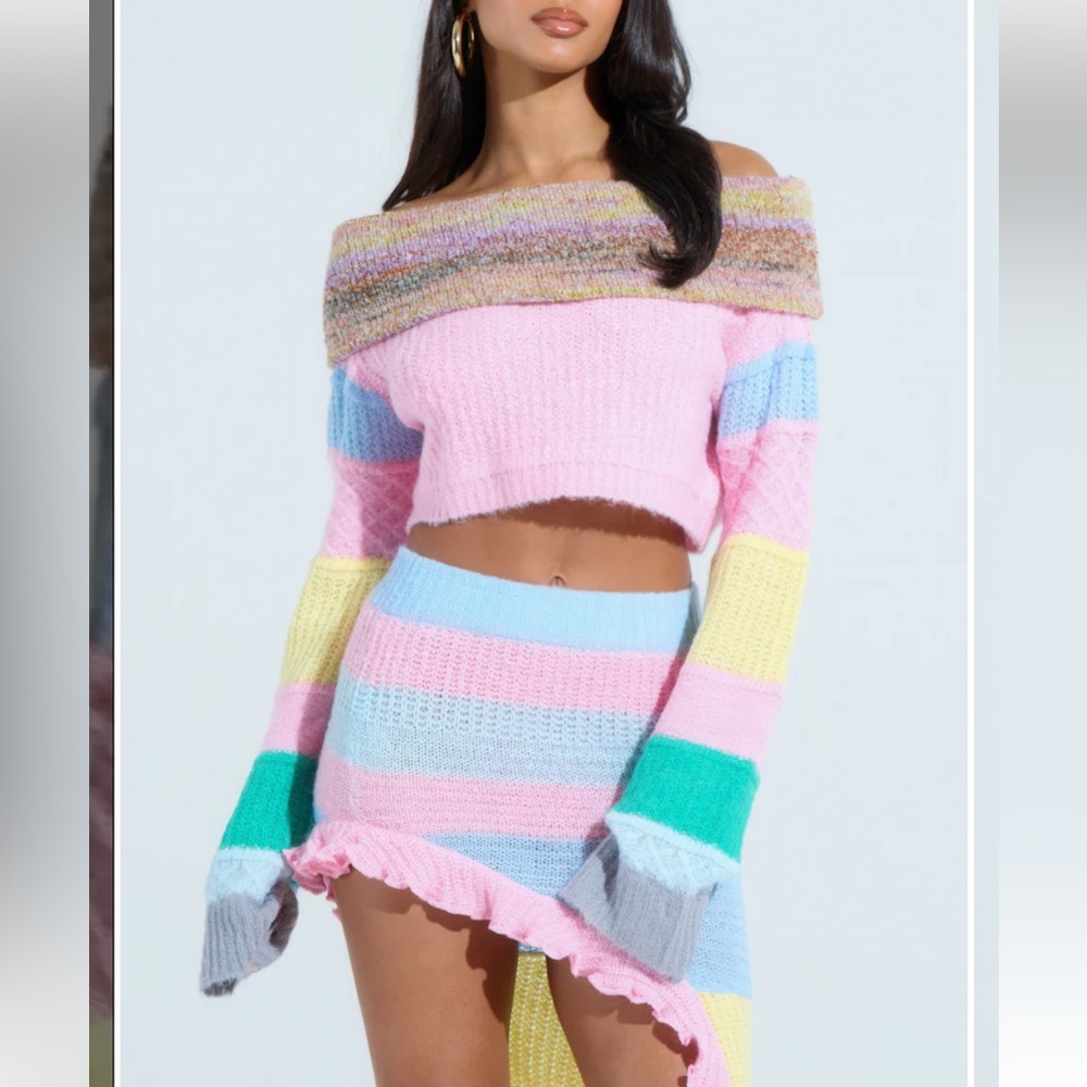 PRETTY LIKE ME OFF THE SHOULDER MULTICOLOR CROPPED SWEATER